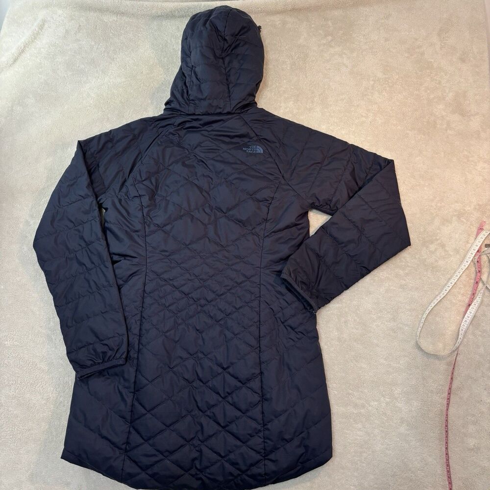 EUC North Face Women Small Mossbud Reversible Puffer Fleece Coat Navy Long Hood - Picture 3 of 11